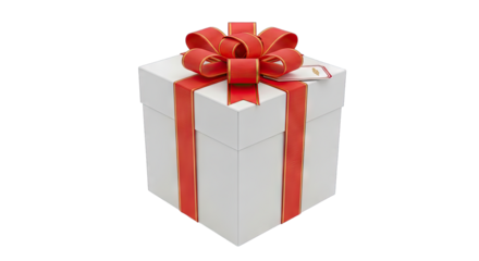 A White Gift Box Tied With A Red Ribbon And Bow With Gold Trim Sitting On A Transparent Background