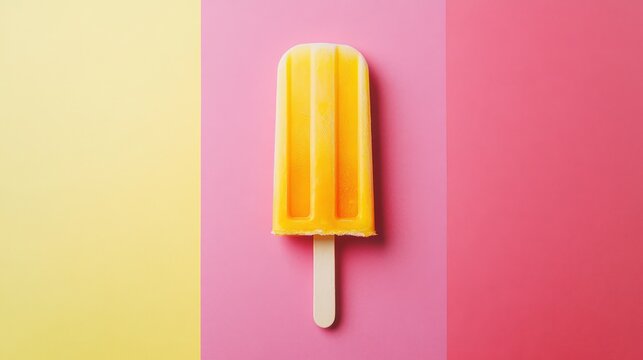 Bright yellow popsicle on a pastel pink and yellow backdrop