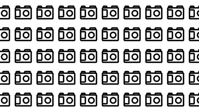 Pattern of many small black and white camera icons. Suitable for web design, photography logos, graphic design projects, and digital backgrounds.