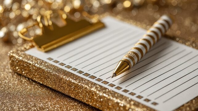 Elegant Gold Clipboard and Pen on Sparkling Glitter Background