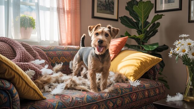Playful Dog Making a Mess on Sofa in Cozy Living Room with Sunlight and Colorful Pillows, Domestic Pet Mischief Scene