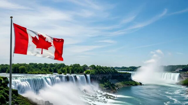 Canadian flag proudly waving with Niagara falls in the background on bright sunny day. Independence day celebration