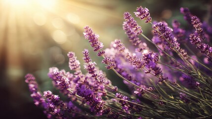 Fototapeta premium Beautiful lavender flowers basking in golden sunlight with a soft bokeh background, creating a serene and calming atmosphere in nature's garden