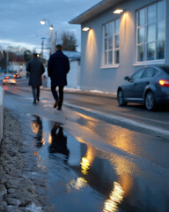 A picturesque moment of two individuals walking along a glistening street at dusk, illuminated by nearby lights reflecting off wet pavement; a blend of intimacy and urban charm.