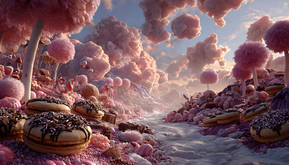 Fantasy world consisting of chocolate and candy, super sweet, dreamland, sugar paradise, candyland created with generative ai technology
