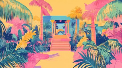 Vibrant retro-futuristic garden with pastel palette