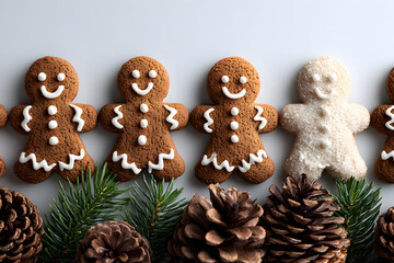 A white background with a row of gingerbread men and pine cones