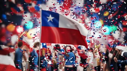 Chile flag waving with falling confetti. National holiday celebration concept. Independence day event.