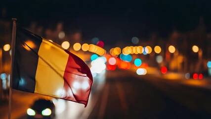 Belgium flag waving in the wind at night with city lights bokeh a national symbol celebration or travel concept