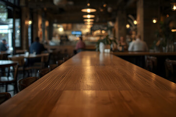 Empty wooden bar counter with defocused background of restaurant, bar or cafeteria