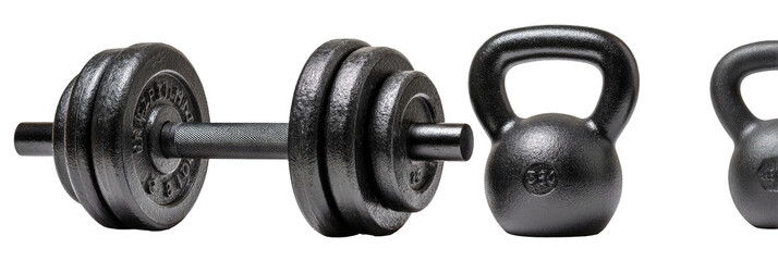 Dumbbell with weight plates and kettlebells on black background