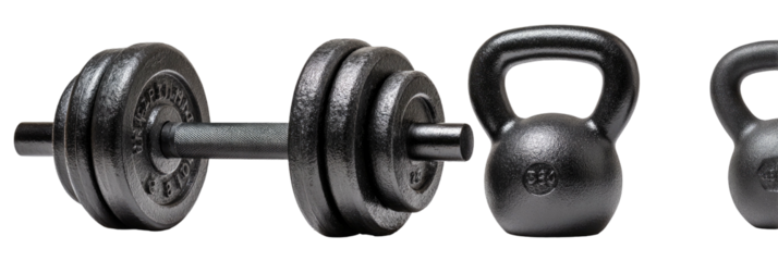 Dumbbell with weight plates and kettlebells on black background