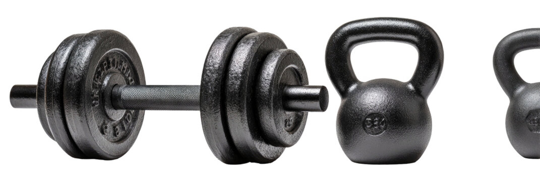 Dumbbell with weight plates and kettlebells on black background