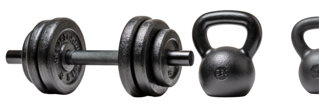 Dumbbell with weight plates and kettlebells on black background