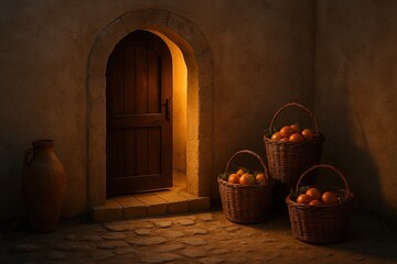 Arched doorway revealing warm light and fresh oranges