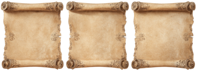 Three aged parchment scrolls, rolled edges, ornate details