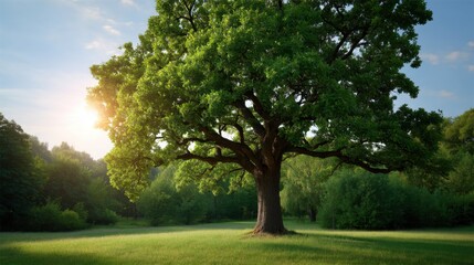 Fototapeta premium Majestic Green Tree Standing Alone in Lush Meadow Surrounded by Vibrant Nature Under Clear Blue Sky at Golden Hour with Soft Sunlight Filtering Through Leaves