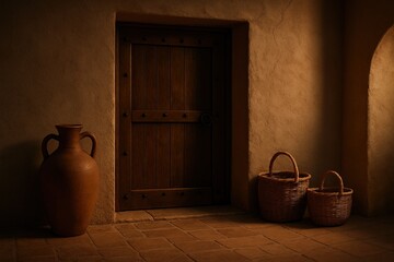 Rustic wooden door entering old traditional home