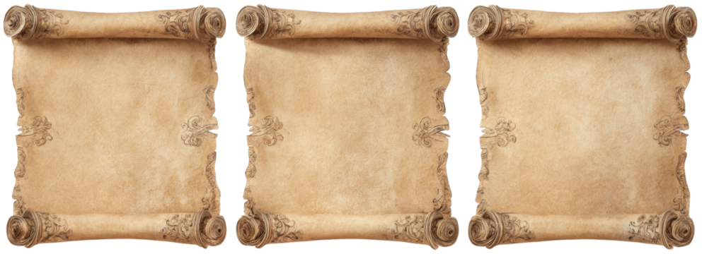 Three aged parchment scrolls, rolled edges, ornate details