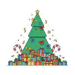 Flat 2D Clean Outlined Minimalist Modern Christmas Tree Adorned with Doodle Stars and Bright Gifts.