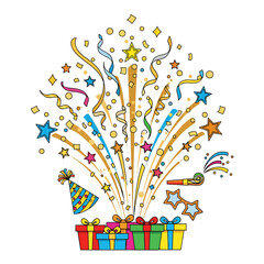 Explosive Golden Confetti Burst Launching Above Stylized New Year Party Accessories and Vibrant Gift Boxes.