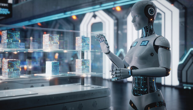 Futuristic AI: A humanoid robot stands amidst a high-tech laboratory setting, interacting with holographic cubes, visualizing the advancements in technological field.  - Powered by Adobe