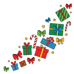 Diagonal Stylized Arrangement of Vibrant Holiday Doodle Elements, Including Gifts, Candy Canes, and Star Confetti Accents.