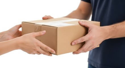 Manos de repartidor entregando un paquete en primer plano sobre fondo blanco
