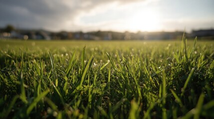 Fototapeta premium Close-up View of Fresh Green Grass with Dew Drops at Sunset Over a Calm Landscape in a Suburban Area