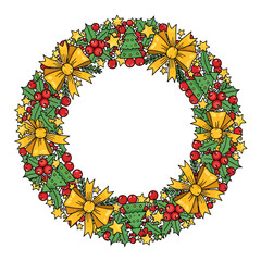 Detailed Circular Winter Holiday Wreath Border, Made Of Playful Doodle Elements.