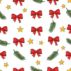 Dense Uniform Holiday Background Pattern Featuring Bright Red Bows and Stylized Golden Stars.