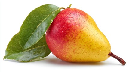 Yellow pear with a red blush and leaf, isolated on white. Includes clipping path.