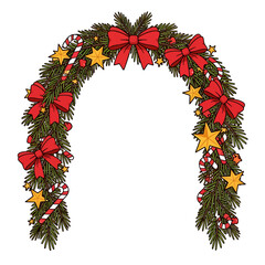 Decorative Festive Arch Frame Border, Tangled Pine Branches, Bright Red Ribbons, and Stylized Gold Stars.