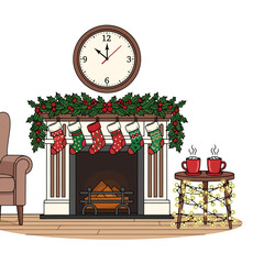 Cozy living room interior scene showing a highly decorative fireplace mantelpiece, steaming mugs, and the New Year transition clock.