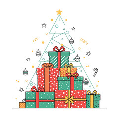 Brightly Wrapped Modern Holiday Gifts Under Minimalist Geometric Tree.