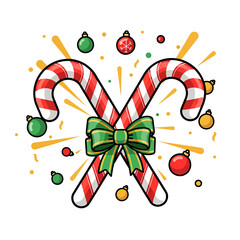 Bright red and white striped candy canes crossed and tied with a festive bow, centered amid dynamic golden confetti explosion.