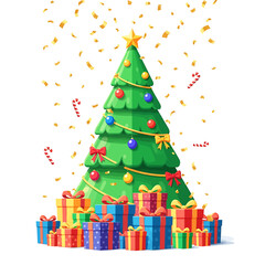 Bright Green Stylized Christmas Tree, Ornate Bows, Stacked Geometric Gifts, Falling Golden Confetti.