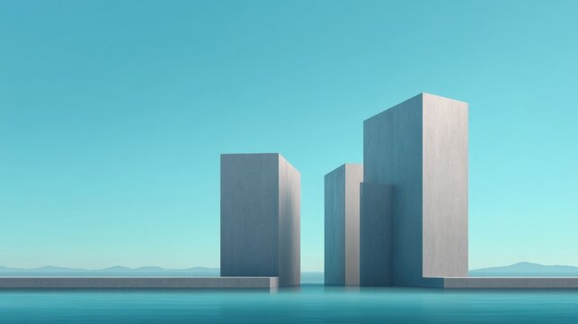 Abstract geometric composition of concrete structures rising above calm blue water with clear sky in serene landscape, perfect for modern architecture concepts