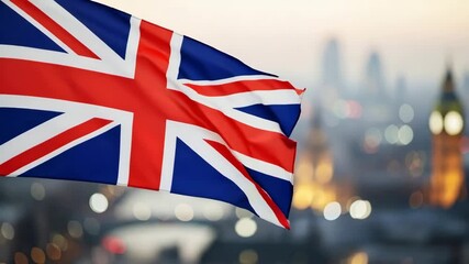United Kingdom flag waving with blur london city background. Great britain symbol for national pride patriotic representation concept.
