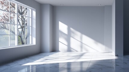 Fototapeta premium Bright and Spacious Interior with Large Windows and Natural Light, Open Floor Space Featuring Minimalist Design and Modern Aesthetic Elements