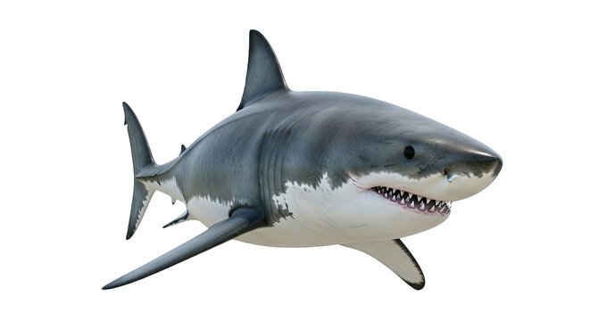 Realistic great white shark with grey skin white belly sharp teeth and black eyes swimming in the ocean water close up detailed predator - Powered by Adobe