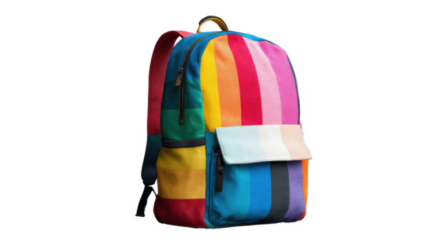 Colorful striped backpack with flap pocket, straps shown, dark backdrop