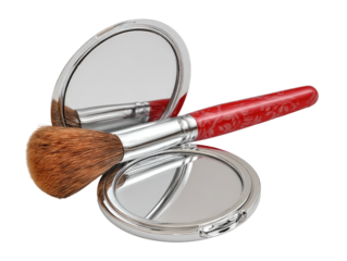 Compact mirror with a red-handled brush on top