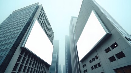 Naklejka premium Blank billboards on modern glass skyscrapers in urban city center on a hazy day