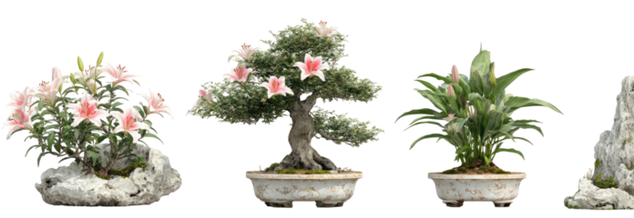 Miniature floral trees and stone displays in small, elegant containers