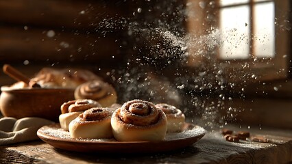 Freshly baked cinnamon buns on a ceramic plate are dusted with a flurry of powdered sugar in a cozy, rustic log cabin setting