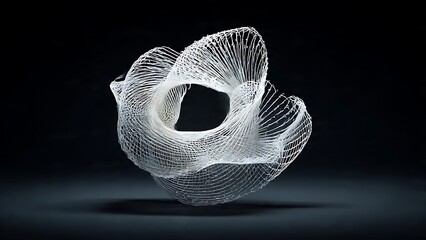 Intricate white mesh sculpture with a delicate flowing form, a futuristic three-dimensional digital network structure on a dark background