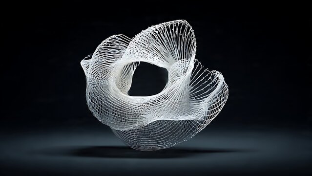 Intricate white mesh sculpture with a delicate flowing form, a futuristic three-dimensional digital network structure on a dark background