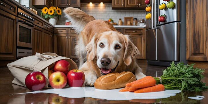 Happy golden retriever with groceries in cozy kitchen, fresh apples carrots bread healthy food concept playful dog - Powered by Adobe
