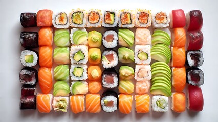 A detailed top-down flat lay of a large, colorful assortment of fresh Japanese sushi rolls, neatly arranged in a grid, showcasing delicious salmon, avocado, and tuna fillings